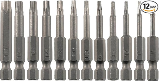 Torx Security Screwdriver Bit Set T5-T40 12PCS 1/4 Inch Hex Shank 2 Inch/50 mm Length S2 Steel Tamper Proof Star 6 Point with Magnetic for Power Screwdriver Drill Impact Driver