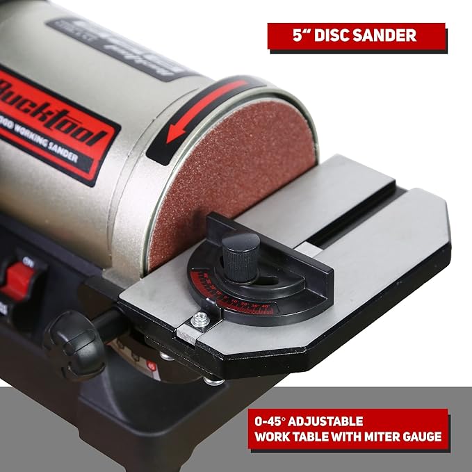 Bucktool 1x30 Inch Bench Belt Sander with 5 Inch Disc with Wrench Storage and Easy Belt Cover Off, 1/3HP Direct Drive Benchtop Belt Disc Sander