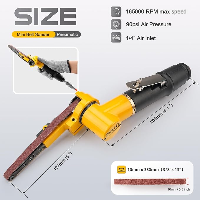 3/8''x 13'' Mini Air Belt Sander with 2 Sanding Belts (10mmx330mm) Pneumatic Tool Grinder Belt Sanders for Metal Working, Weld Removal, Blending, Contour Sanding, Finishing