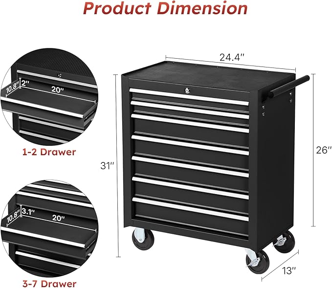 Rovibek 7-Drawer Rolling Tool Chest, Lockable Tool Box with 360° Wheels, Ball-Bearing Slides, Large Capacity Metal Tool Storage Cabinet for Office Home Garage Workshop Warehouse, Black