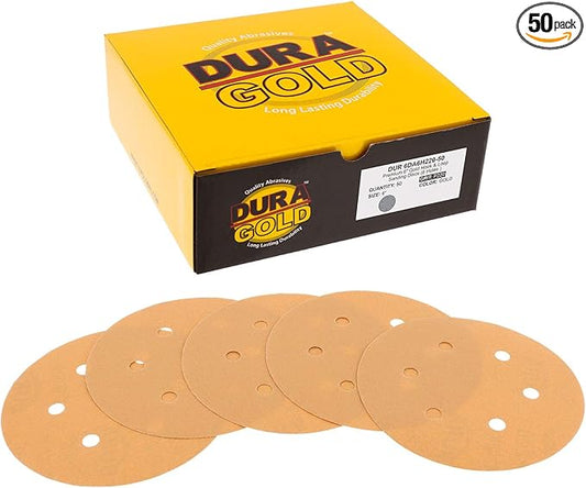 Dura-Gold Premium 220 Grit 6" Gold Sandpaper Discs, 6 Hole Pattern Dustless, Box of 50 - Hook & Loop Backing for DA Sander, Finishing Med-Cut Sanding Abrasive Automotive Paint, Woodworking Wood, Metal