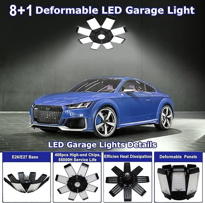 250W LED Garage Light, Ultra Bright 25000 Lumen LED Garage Ceiling Lights LED Shop Lights with 8+1 Adjustable Panels, 6500K Daylight Light Bulb Fixture LED Lights for Garage, Workshop