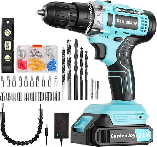 Cordless Power Drill: GardenJoy Cordless Drill 21V Electric Power Drill Set with Battery and Fast Charger, 65pcs Acessories,2 Variable Speed Control,3/8-Inch Keyless Chuck and 24+1 Torque for hardwood