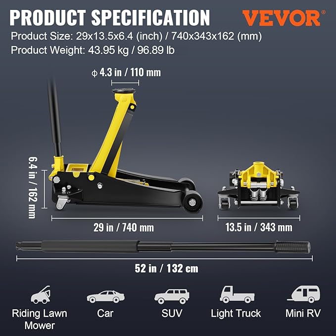 VEVOR 4 Ton Low Profile, Heavy-Duty Steel Racing Floor Jack with Dual Pistons Quick Lift Pump, Lifting Range 3.94"-20.98"