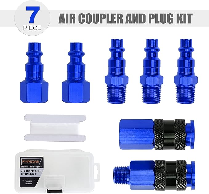 Air Hose Fittings, 7 Pieces 1/4" NPT Aluminum AMT Universal Air Couplers and I/M Industrial Type Air Plugs Kit, Blue