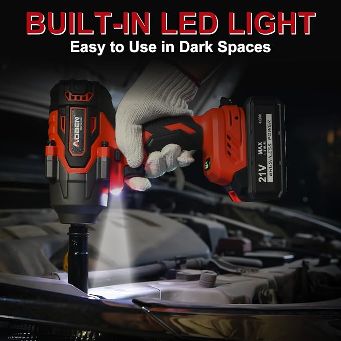 AOBEN Power Impact Wrench 800N.M, 1/2 Inch Cordless Impact Gun, High Torque 590 Ft-lbs Electric Impact Wrench Set with 2 X 4.0Ah Battery, Fast Charge, 6 Sockets, Tool Case