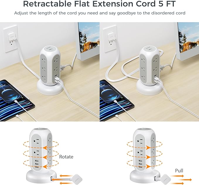 Flat Plug Power Strip Tower, TESSAN Ultra Thin Retractable Extension Cord 5 FT, Surge Protector 11 Outlets with 3 USB Charging Station, 1050J, Office Supplies, Desk Accessories, Dorm Essentials