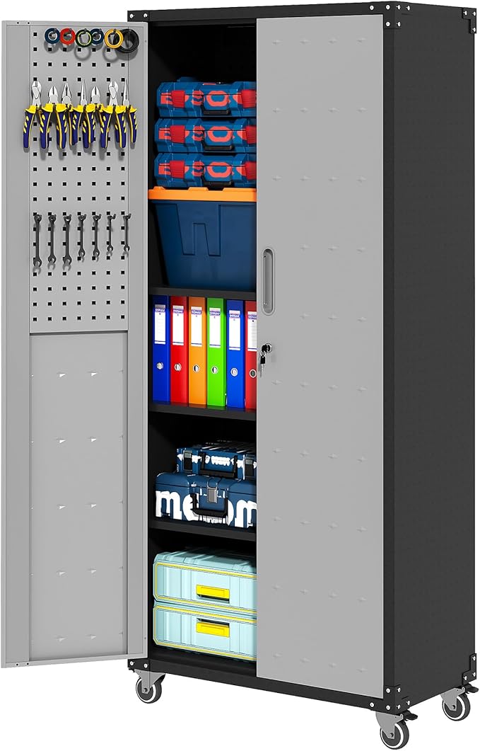 Garage Metal Storage Cabinet with Pegboard, 71'' Tall Storage Cabinet with Adjustable Shelves and Doors, Rolling Tool Cabinet on Wheels for Garage, Utility Room (Black & Grey)