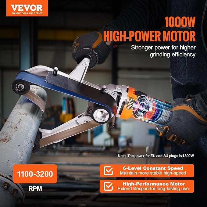 VEVOR Pipe Tube Polisher Sander, 1000W Pipe Belt Sander with 6 Variable Speeds 1100-3200rpm, Professional Belt Sander Grinding Machine with 100PCS Sanding Belts for Burnishing Finishing Rust Removal