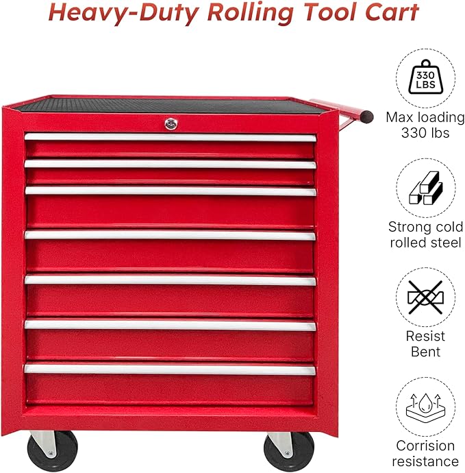 Rovibek 7 Drawer Rolling Tool Chest, Lockable Rolling Tool Box with Wheels, Ball-Bearing Slides, Large Capacity Metal Tool Box for Office Home Garage Workshop Warehouse Tool Storage, Red