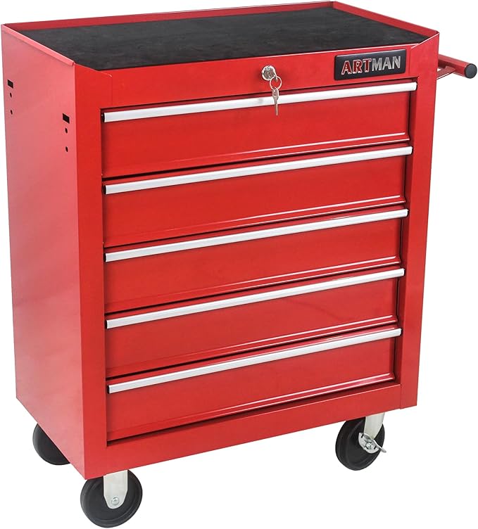 Rolling Tool Chest Metal Tool Box with Wheels Tool Cabinet Craftsman Tool Cart on Wheels Tool Box Portable Tool Box with Wheels 5 Drawers Multifunctional Tool Cart with Wheels, Red