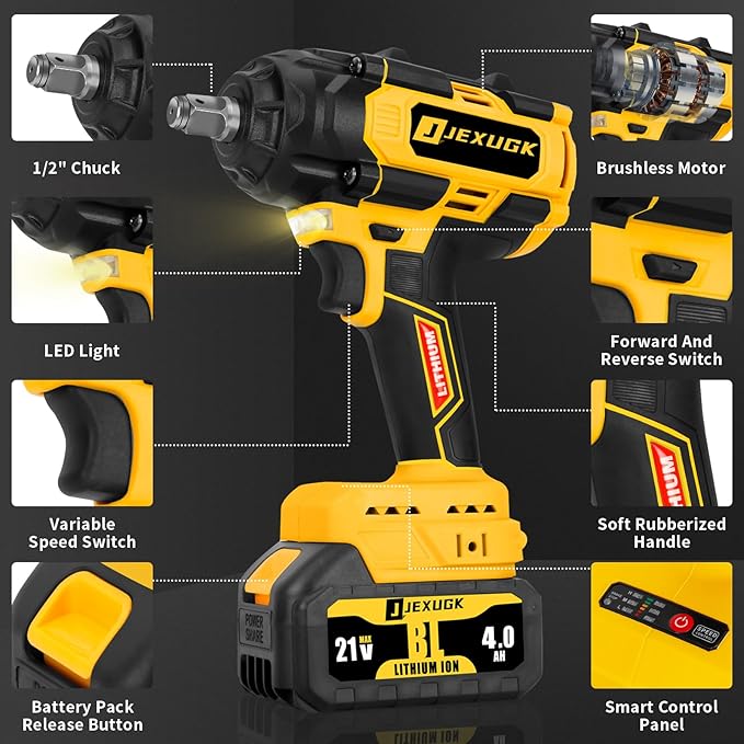850N.m Cordless Impact Wrench Set, 1/2 inch 640Ft-lbs 21V Brushless Impact Gun, Llave De Impacto w/ 2 x 4.0Ah Battery, Charger, 5 Sockets, Kit Pistola De Impacto for Car Home