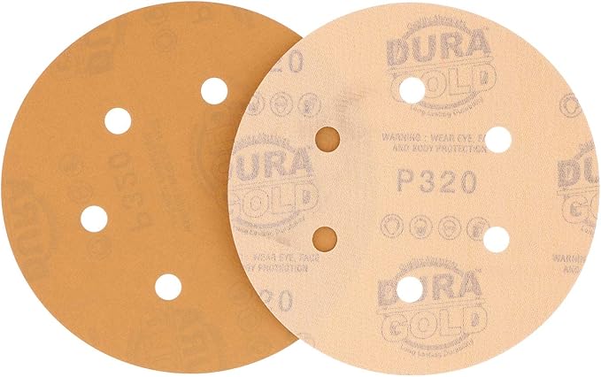 Dura-Gold Premium 320 Grit 6" Gold Sandpaper Discs, 6 Hole Pattern Dustless, Box of 50 - Hook & Loop Backing for DA Sander, Finishing Fine Cut Sanding Abrasive Automotive Paint, Woodworking Wood Metal