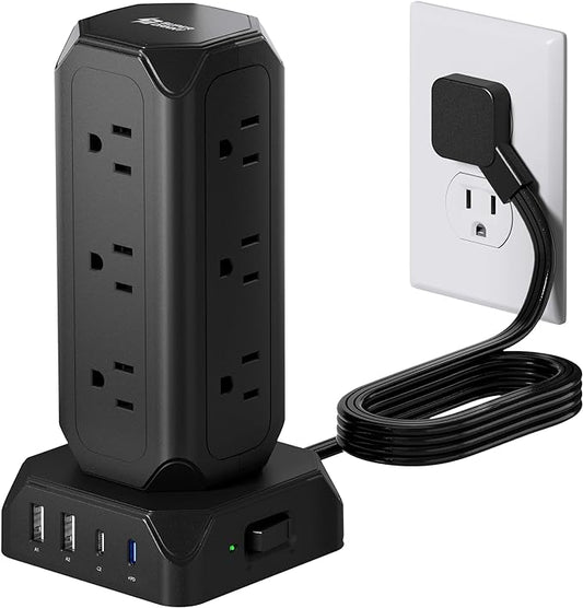 Black Power Strip Tower, SUPERDANNY 12 Outlets with 35W USB(2 USB-A & 2 USB-C) Charging Station, 1625W/13A, 1700J Surge Protector, 6.5ft Flat Plug Extension Cord with Multiple Outlets for Home, Office