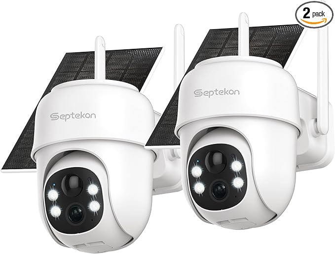 Septekon 360°PTZ Security Cameras Wireless Outdoor 2 Pack, 2K Solar Battery Powered Cameras, 2.4G WiFi Camera with Spotlight, Motion Detection, Siren, Color Night Vision, IP66, White