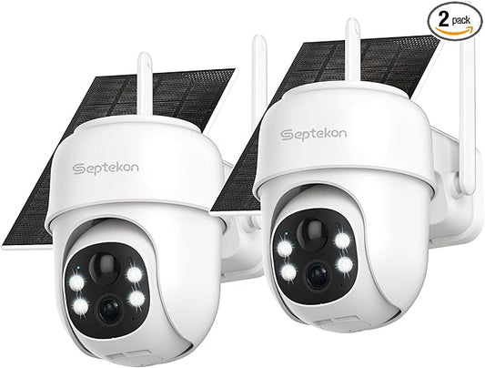 Septekon 360°PTZ Security Cameras Wireless Outdoor 2 Pack, 2K Solar Battery Powered Cameras, 2.4G WiFi Camera with Spotlight, Motion Detection, Siren, Color Night Vision, IP66, White
