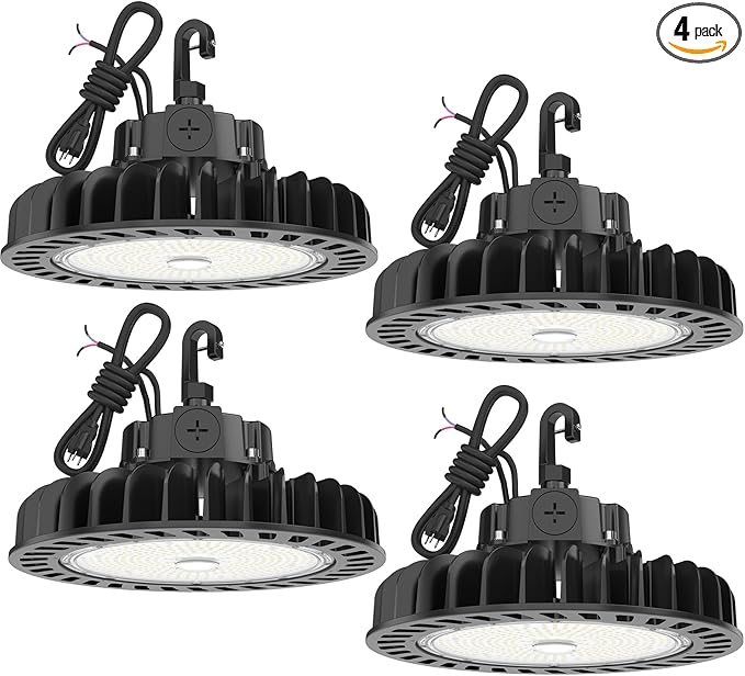 HYPERLITE 4Pack LED UFO High Bay Lights 250W 36,250lm 1-10V Dimmable 5000K 5' Cable with 110V Plug Hanging Hook Safe Rope UL Listed for Shopping Mall Stadium Exhibition Hall