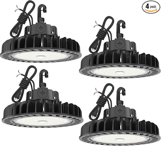 HYPERLITE 4Pack LED UFO High Bay Lights 250W 36,250lm 1-10V Dimmable 5000K 5' Cable with 110V Plug Hanging Hook Safe Rope UL Listed for Shopping Mall Stadium Exhibition Hall