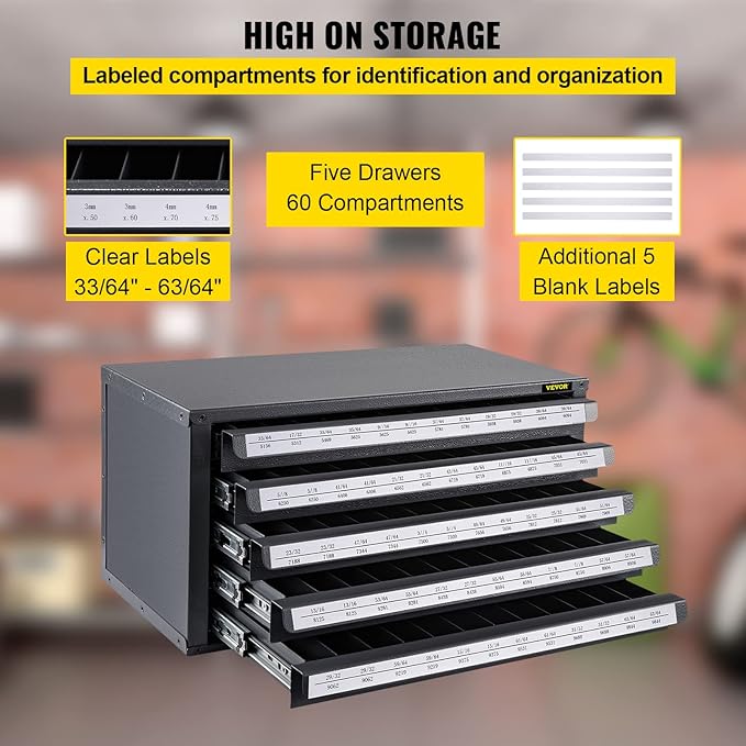 VEVOR Drill Bit Dispenser Cabinet, Five-Drawer Drill Bit Dispenser, 1/2" Reduced Shank Drill Bit Organizer Cabinet, Drill Dispenser Organizer Cabinet for Sizes 33/64" to 63/64" in 1/64" Increments