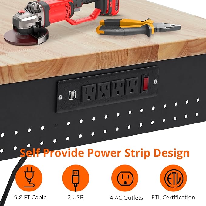 Workbench for Garage, 48" Adjustable Workbench, Heavy Duty Workstation 2000 LBS Load Capacity, Rubber Wood Top Workstation with 4 Rolling Casters, Power Outlets, Workbench for Workshop, Office