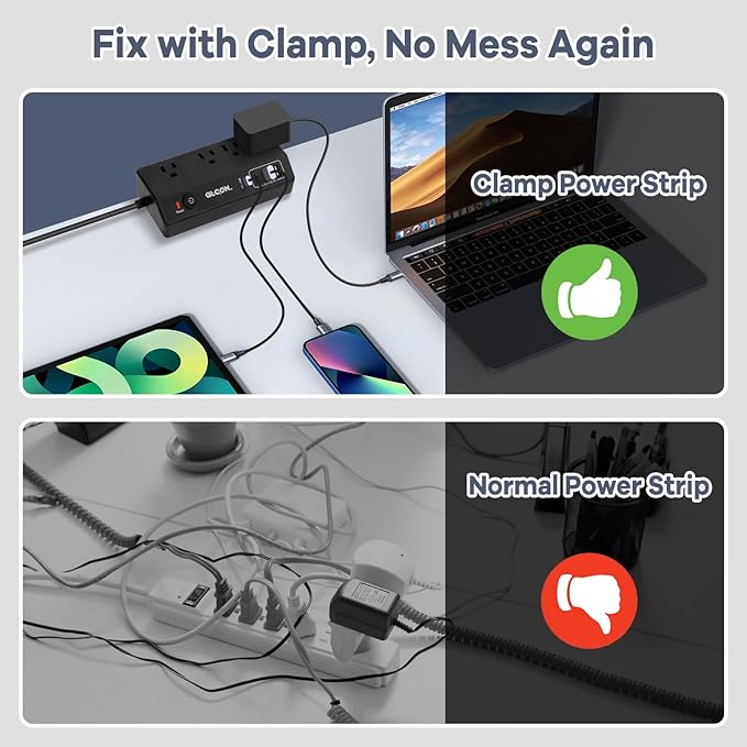 Desk Clamp Power Strip - 20W USB C Fast Charging Station - Desk Power Strip Flat Plug Extension Cord 10FT with 4 USB Ports + 4 Outlets - Desktop Mount Surge Protector - Fit 1.8" Tabletop Edge
