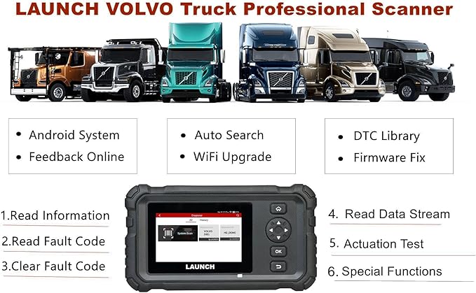 LAUNCH Scanner HD-Volvo Heavy Duty Truck Diagnostic Scan Tool, Actuation Test,Coding, Special Functions,Full System Diagnosis, Lifetime Free Upgrade
