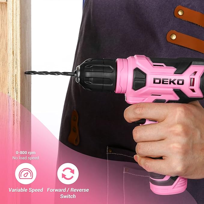 DEKOPRO 8V Cordless Drill, Drill Set with 3/8"Keyless Chuck, 42pcs Acessories, Built-in LED, Type-C Charge Cable, Pink Power Drill for Drilling and Tightening/Loosening Screws