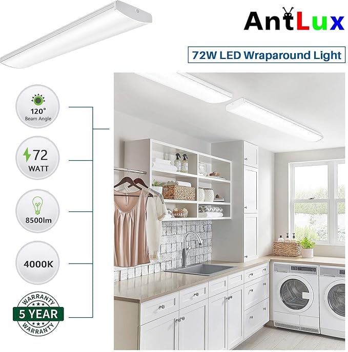 AntLux 72W Commercial LED Wraparound Fixture 4FT Office Ceiling Lighting, 8500 Lumens, 4000K, 4 Foot Low Bay Flush Mount Garage Shop Lights, Integrated Wrap Light, Fluorescent Tube Replacement, 4 Pack