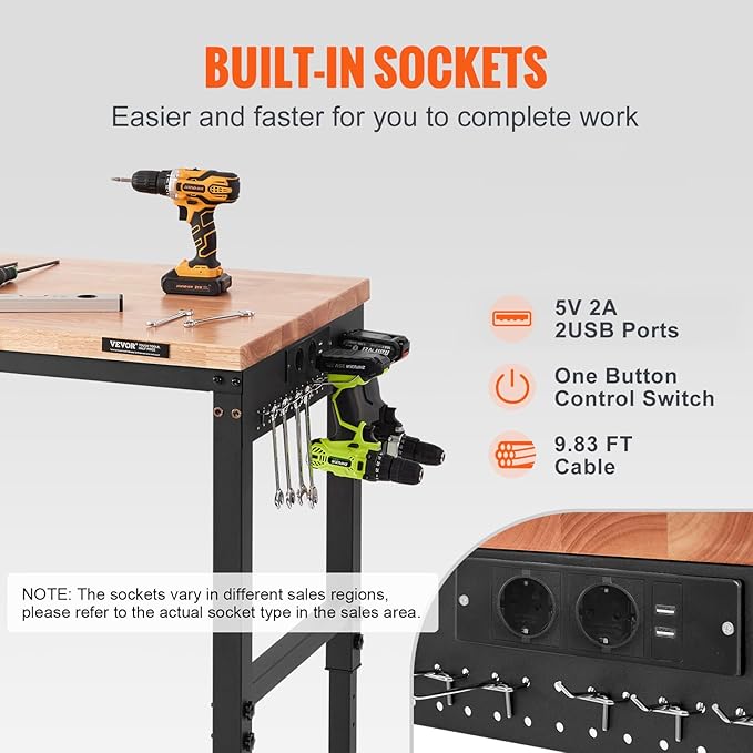 VEVOR Adjustable Workbench, 60" L x 22" W, 28"-39.5" Heights, 2000 lbs Load Capacity, Garage Worktable with Universal Wheels, Power Outlets & Hardwood Top & Storage & Foot Pads, for Office & Home