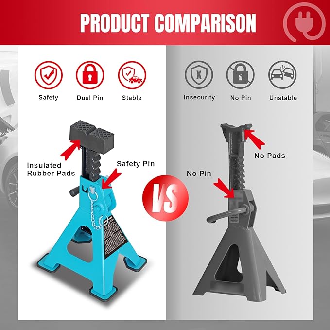 Jack Stands, 3 Ton (6600 LBs) Adjustable Ratchet Car Lifting Jack Stand with Dual Secure Pins, Insulated Rubber Saddle & Foot Pads for Electric Vehicles, Automotive Mortorcycles, 2 Pack