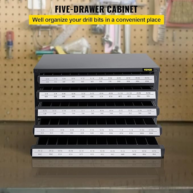 VEVOR Drill Bit Dispenser Cabinet, Five-Drawer Drill Bit Dispenser, 1/2" Reduced Shank Drill Bit Organizer Cabinet, Drill Dispenser Organizer Cabinet for Sizes 33/64" to 63/64" in 1/64" Increments