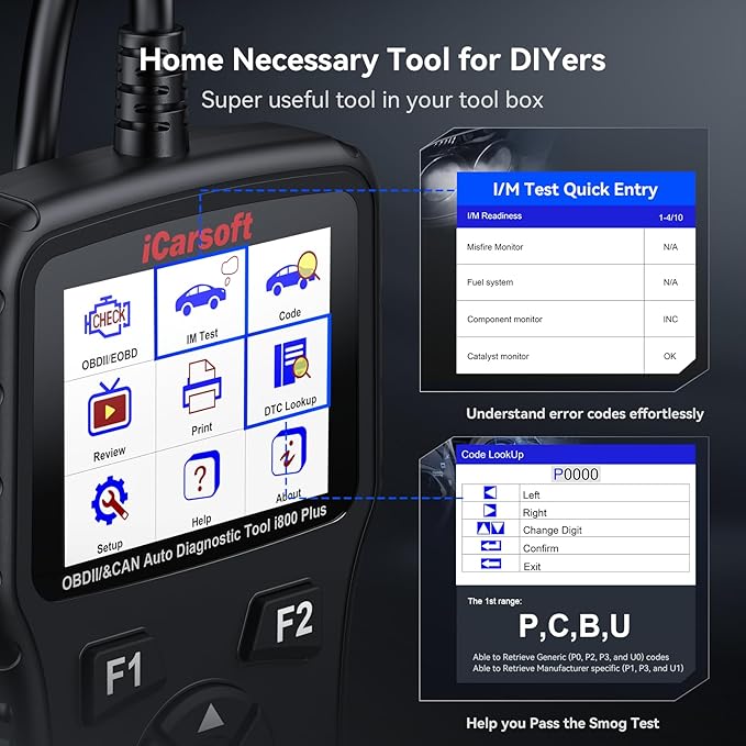 iCarsoft i800 Plus OBD2 Scanner Diagnostic Tool with Component Test/118 Live Data/Reset CEL/Battery Test/Freeze Frame/VIN, Code Reader for All Cars Full OBD2 Functions, Fuel System Scan Tool para Auto