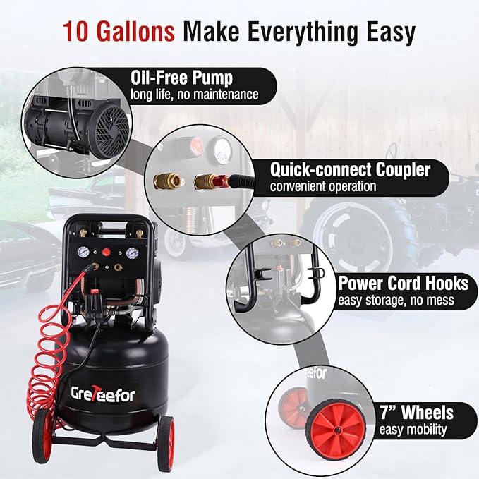 Air Compressor,10 Gallon Ultra Quiet Portable Compressor 70dB Max 150PSI Oil Free Air Compressor for Auto Repair/Tire Inflation/Spray Painting/Woodwork Nailing, Black