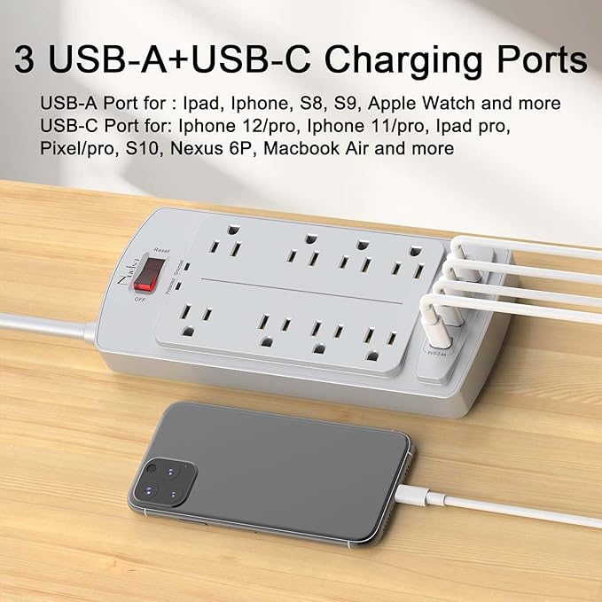 Surge Protector Power Strip - Nuetsa Flat Plug Extension Cord with 8 Outlets and 4 USB Ports, 10 Feet Power Cord (1625W/13A), 2700 Joules, ETL Listed, Grey
