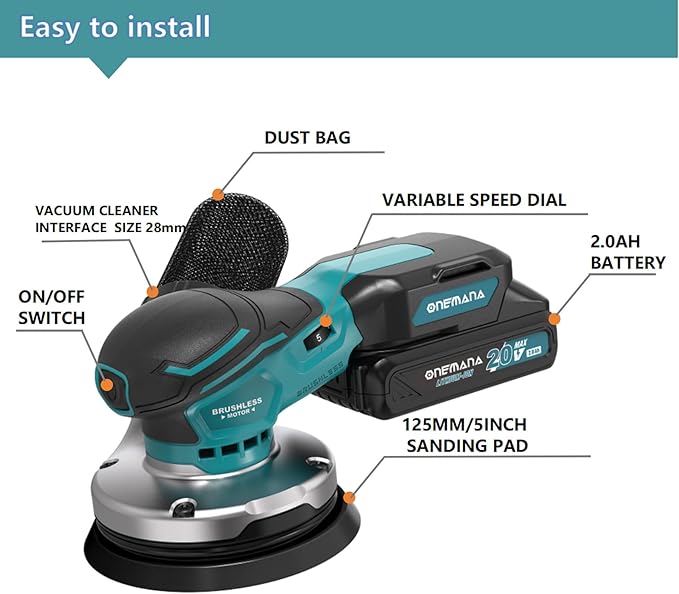 Orbital Sander 5-inch Palm Sander 20V Brushless Cordless Electric sander 7 Variable Speeds Hand Sanders for Wooding and Sanding With 10 Sanding Papers，Dust Collection Bag，Battery and Charger