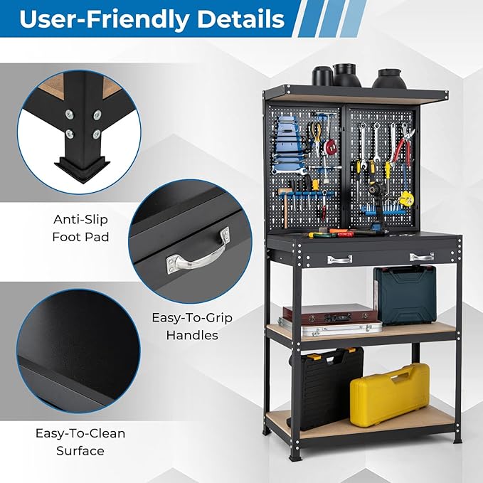 IRONMAX Workbench with Drawers, 32’’ Heavy Duty Workstation Organizer with 14 PCS Hanging Kits, 2 Storage Shelves & Long Drawer, Work Bench Table for Garage, Home, Workshop, Auto Shop, Basement