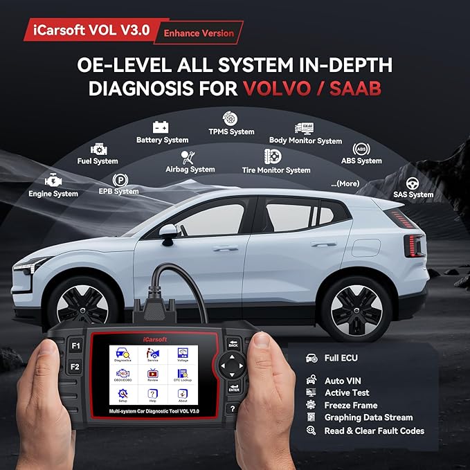 Bidirectional OBD2 Diagnostic Scanner for Volvo/SAAB, 2025 iCarsoft VOL V3.0 Scan Tool 29 Resets,Active Test, All System 118 Live Graph Data Engine Fault Code Reader, Battery Test