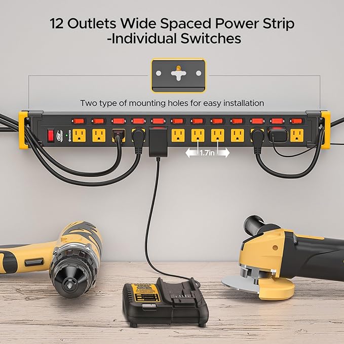 CRST 12 Outlets Long Power Strip, 9 FT Cord Metal Surge Protector Power Strip with Individual Switches, Wall Mount Power Strip with Cord Manager, 1020J, 15Amp/1875W for Garage,Workshop, Office, Home