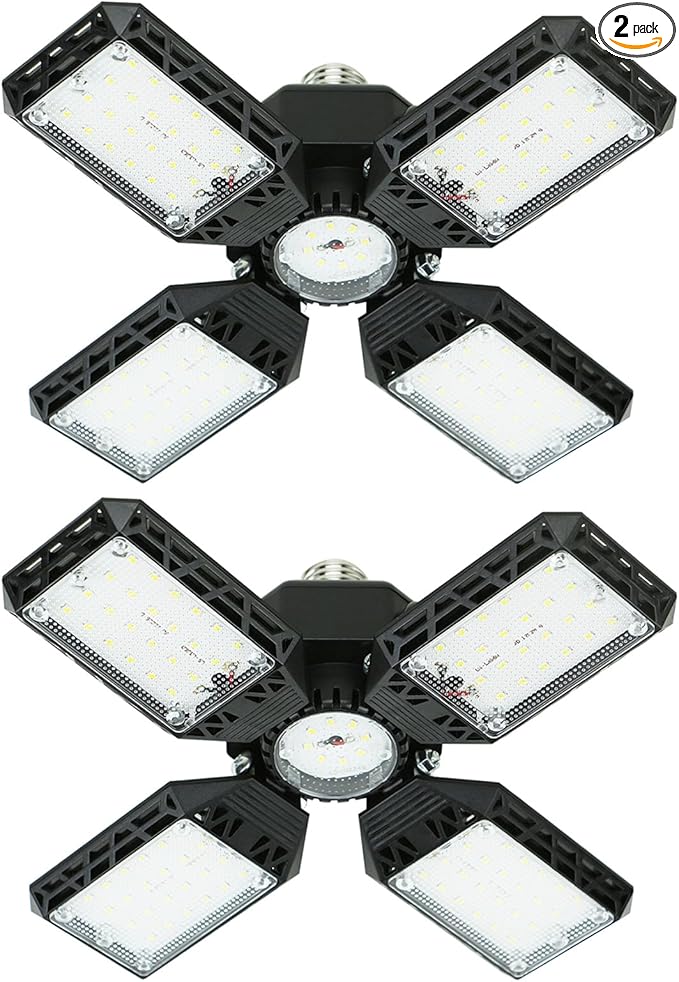 2-Pack LED Garage Light,150W Garage Lights Deformable LED Garage Ceiling Lights,15000LM Garage Lighting with 4 Adjustable Panels, E26/E27 LED Shop Lights for Garage, Basement, Workshop