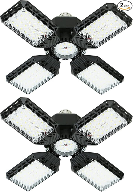 2-Pack LED Garage Light,150W Garage Lights Deformable LED Garage Ceiling Lights,15000LM Garage Lighting with 4 Adjustable Panels, E26/E27 LED Shop Lights for Garage, Basement, Workshop