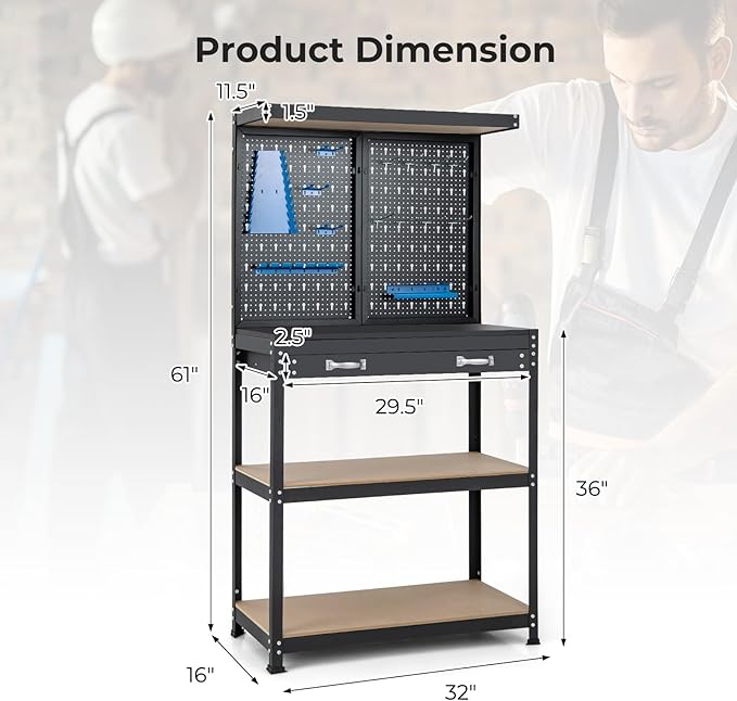 IRONMAX Workbench with Drawers, 32’’ Heavy Duty Workstation Organizer with 14 PCS Hanging Kits, 2 Storage Shelves & Long Drawer, Work Bench Table for Garage, Home, Workshop, Auto Shop, Basement