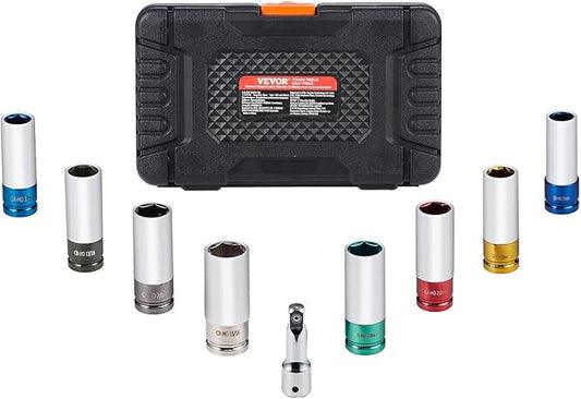 VEVOR Lug Nut Impact Socket Set - 8 Lug Nut Sizes 1/2 inch Drive Metric and SAE 6-Point Deep Socket CR-MO Steel Wheel Socket Set with Storage Case and Extension Bar for Auto Repair