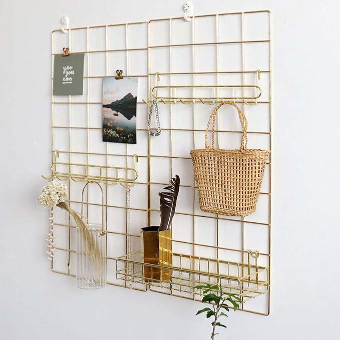 FRIADE Gold Grid Hooks Rack for Wall Grid Panel,Hanging Hooks for Wall Grid Storage and Display，Size 10.7”x 2.8”x1.8 ”，2 Pack