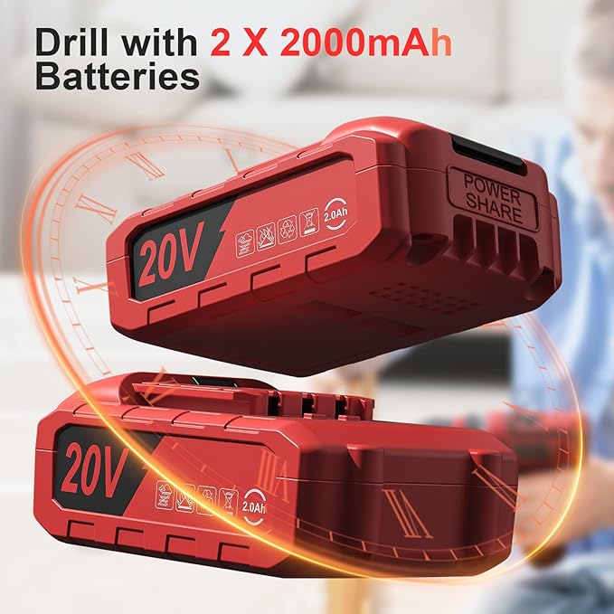 Cordless Drill, 20V Power Drill, Double 2000mAh Batteries Electric Drill, Cordless Drill with Battery and Charger, 3/8" Keyless Chuck Battery Drill with 25+1 Max 370 In-lb Torque, 42Pcs Drill Bits