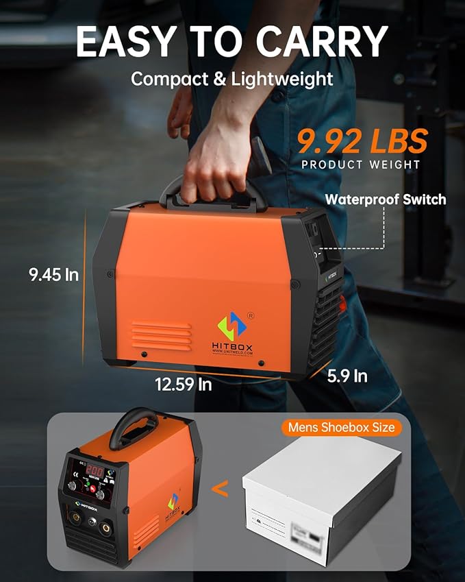 HITBOX 145A MIG Welder Gasless, 110V/220V Dual Voltage Flux Core Welder Flux MIG/Lift TIG/Stick 3 In 1 Synergy MIG Welding Machine With Torch Clamp and 0.8mm Flux Wire (HBM1200)