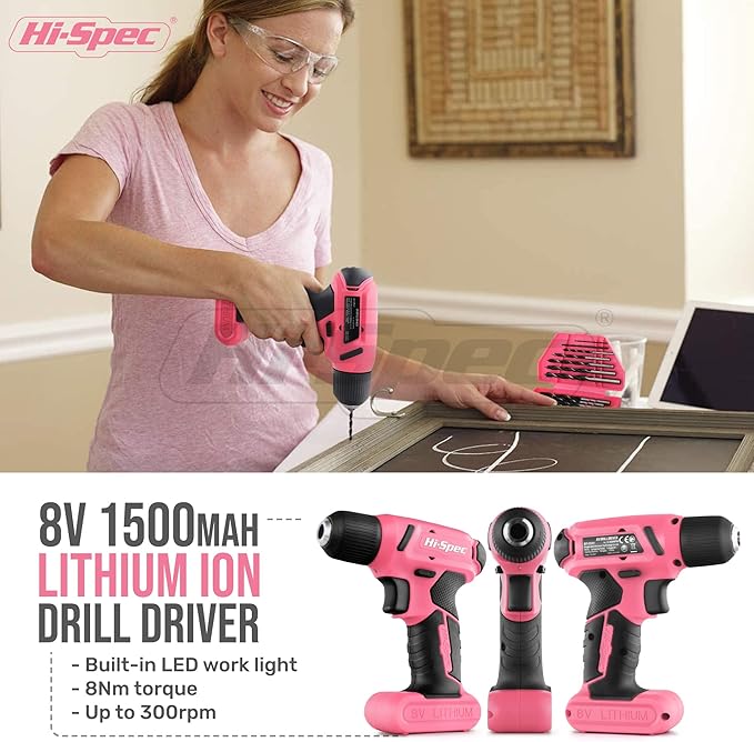Hi-Spec Drill Set 58pc Pink Tool Set 8V USB Electric Drill Driver & Household Tool Kit. DIY Cordless Power Screwdriver