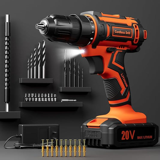Cordless Drill Set, 20V Power Drill with Battery 2.0Ah and Charger, 3/8-Inch Keyless Chuck Electric Drill, 25+1 Position, 42pcs Drill Driver Bits/Screws for DIY Projects (Orange)