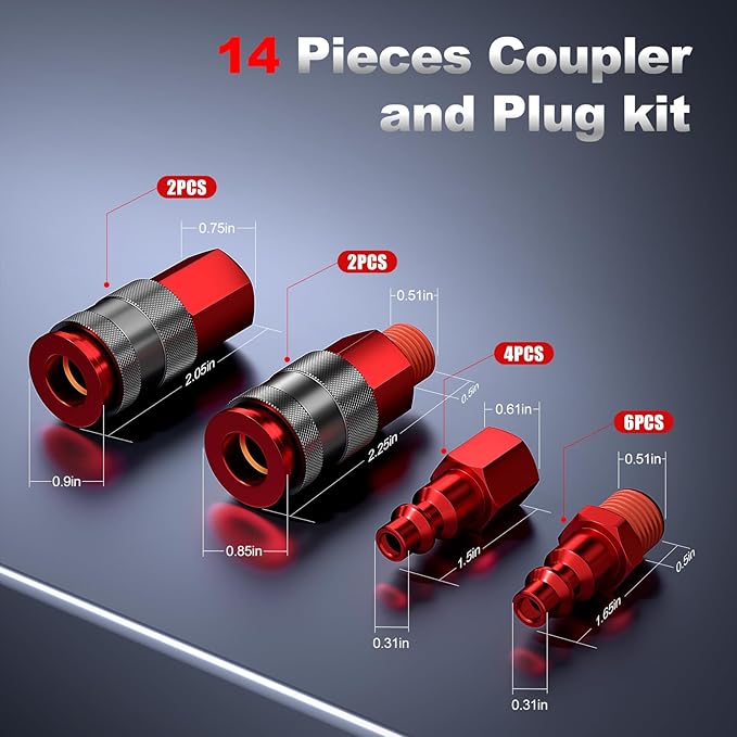 Universal Air Hose Fittings, 1/4 Inch NPT Quick Connect Air Coupler and Plug Kit, Aluminum Air Compressor Fitting Set, Industrial Pneumatic Air Tool Adapter Accessories - 14 Pieces Red