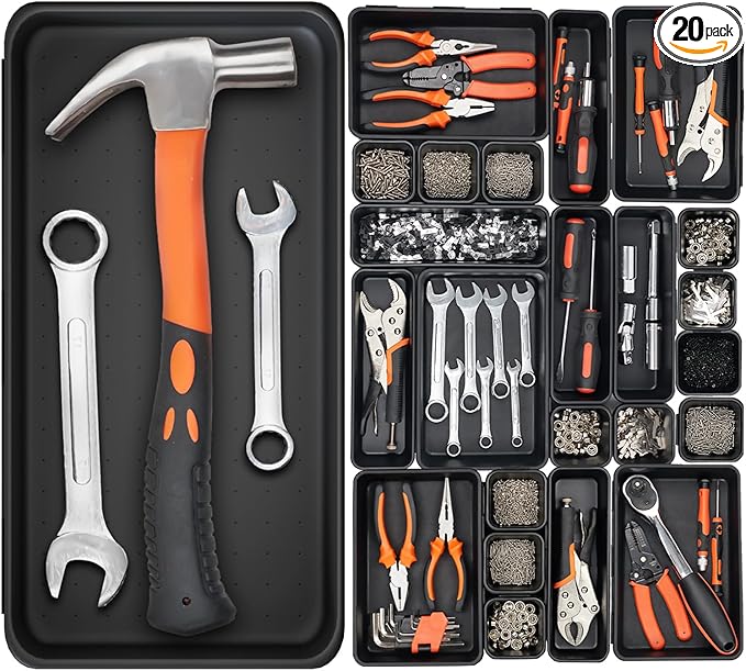 20 Pack Tool Box Organizer Tray, 5-sizes Large 12'' Tool Box Organizers And Storage, For Hammer, Wrench, Screw, Small Parts Toolbox Organization, Tool Cart Chest Garage Drawer Organizer Tray, Black