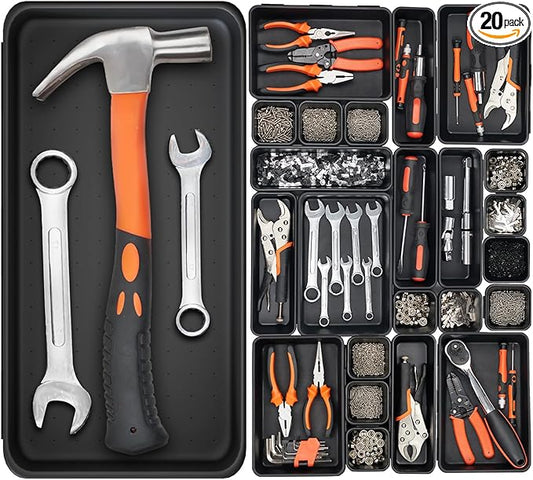 20 Pack Tool Box Organizer Tray, 5-sizes Large 12'' Tool Box Organizers And Storage, For Hammer, Wrench, Screw, Small Parts Toolbox Organization, Tool Cart Chest Garage Drawer Organizer Tray, Black